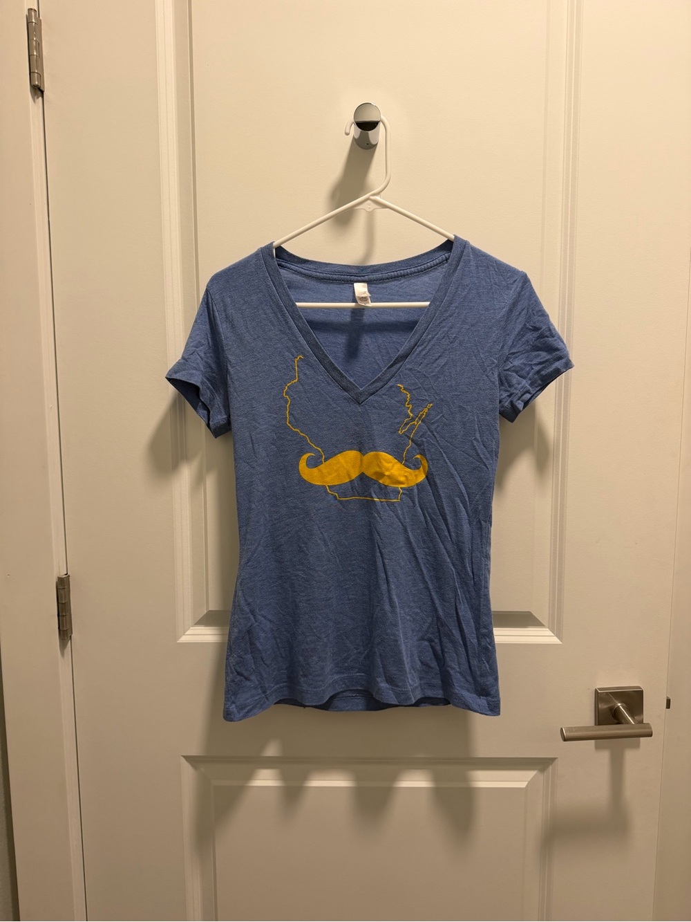 Blue V-Neck Tee with Yellow Mustache & Wisconsin Outline